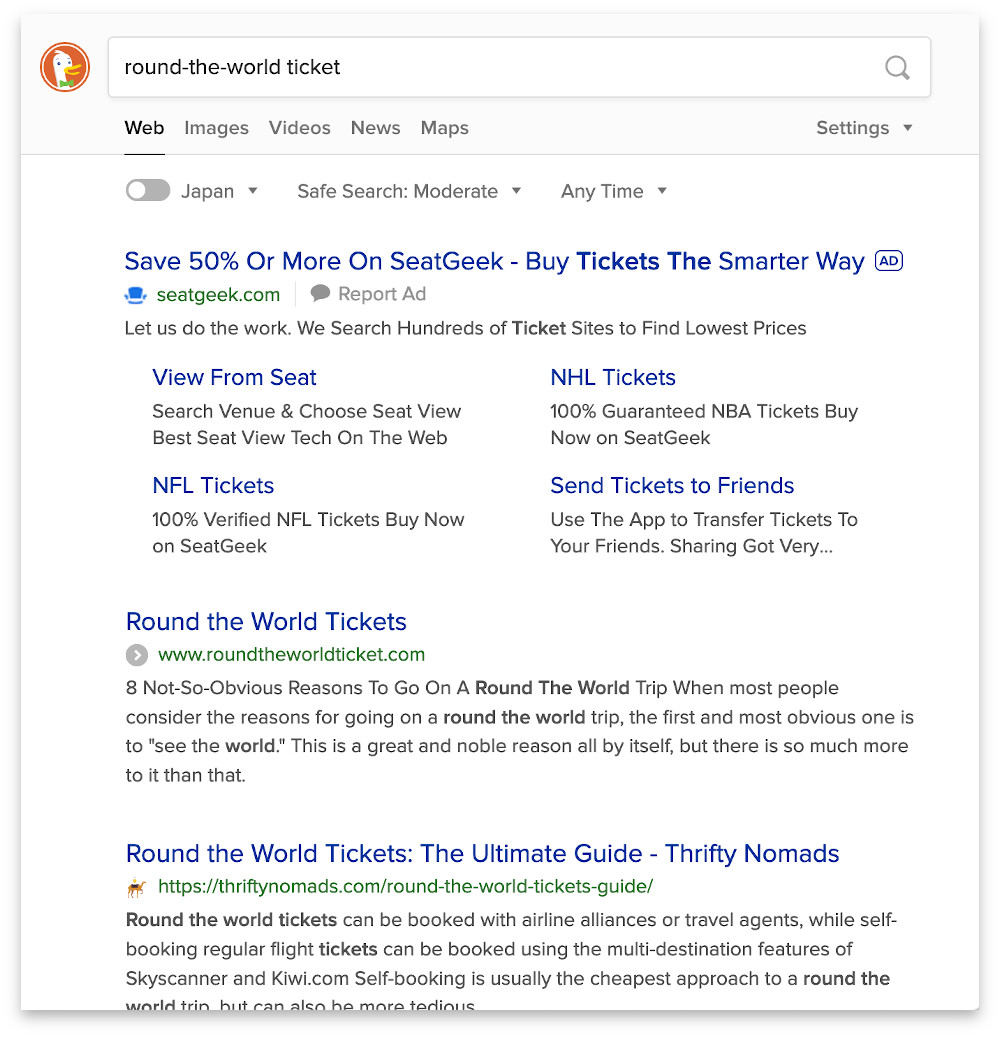 Screenshot showing ads in DuckDuckGo search results
