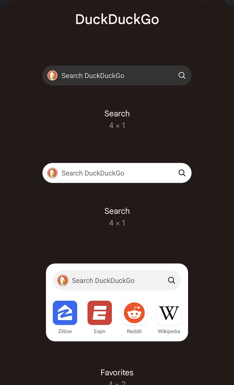 DuckDuckGo Android Widget options