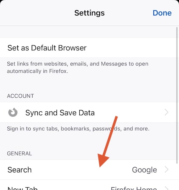 Firefox iOS search select