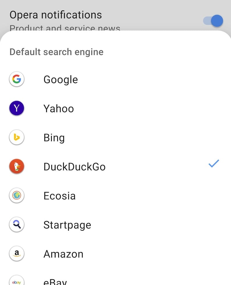 Opera Android select a search engine