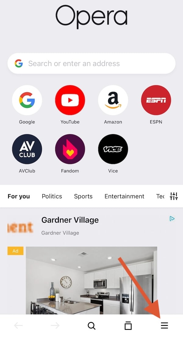 Opera iOS hamburger menu